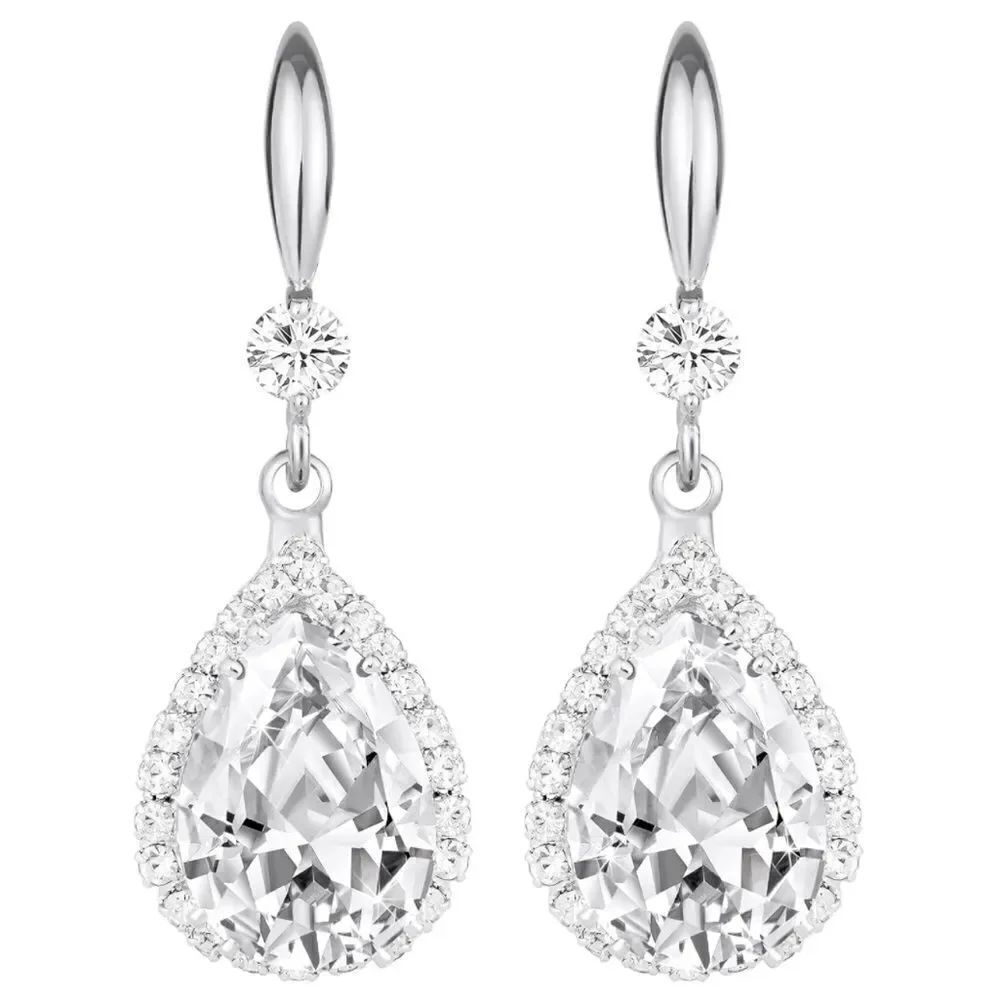 14K White Gold with White Diamond Cubic Zirconia Teardrop Hook Dangle Earrings